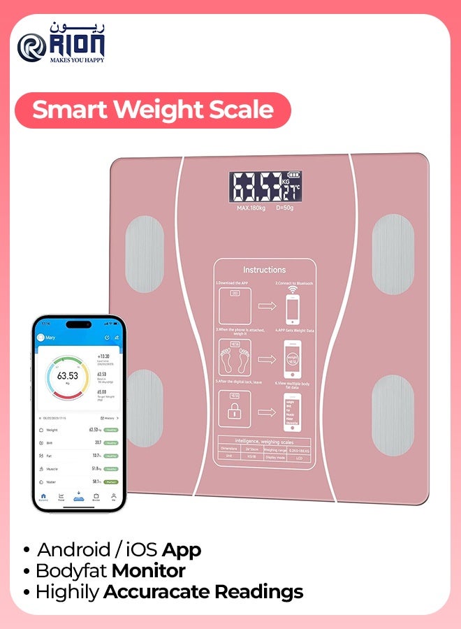 RION Smart Digital Body Fat Scale with Bluetooth, High-Accuracy Readings, BMI Calculator, iOS/Android App, Muscle Mass Monitor, Intelligent Sensors, Pink - Image 1