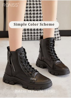 roaiss Women's Ankle Boots Ladies Combat Ankle Winter Warm Soft Casual Shoes Women High Top Leather Martin Boots Women Low Heel Lace Up Outdoor Trekking Hiking Work Boots  - Image 4