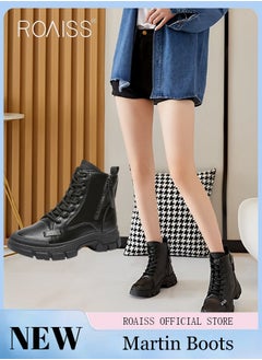 roaiss Women's Ankle Boots Ladies Combat Ankle Winter Warm Soft Casual Shoes Women High Top Leather Martin Boots Women Low Heel Lace Up Outdoor Trekking Hiking Work Boots  - Image 2