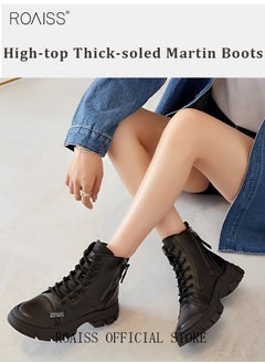 roaiss Women's Ankle Boots Ladies Combat Ankle Winter Warm Soft Casual Shoes Women High Top Leather Martin Boots Women Low Heel Lace Up Outdoor Trekking Hiking Work Boots  - Image 3