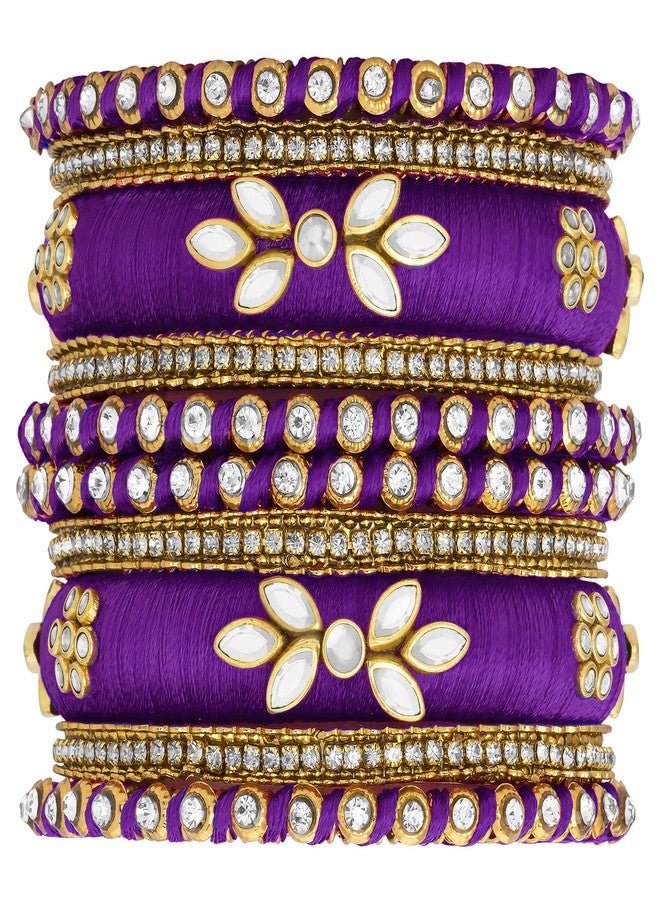 Peora Gold Plated Faux Kundan Studded Purple Silk Thread Ethnic Bangles Jewellery for Women | Size - 2.6 inch - Image 1