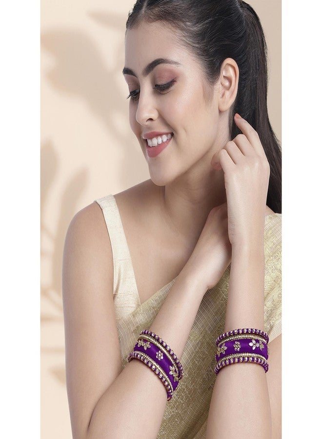 Peora Gold Plated Faux Kundan Studded Purple Silk Thread Ethnic Bangles Jewellery for Women | Size - 2.6 inch - Image 2