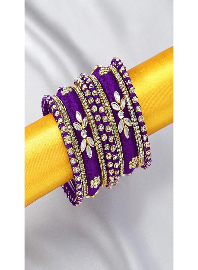 Peora Gold Plated Faux Kundan Studded Purple Silk Thread Ethnic Bangles Jewellery for Women | Size - 2.6 inch - Image 3