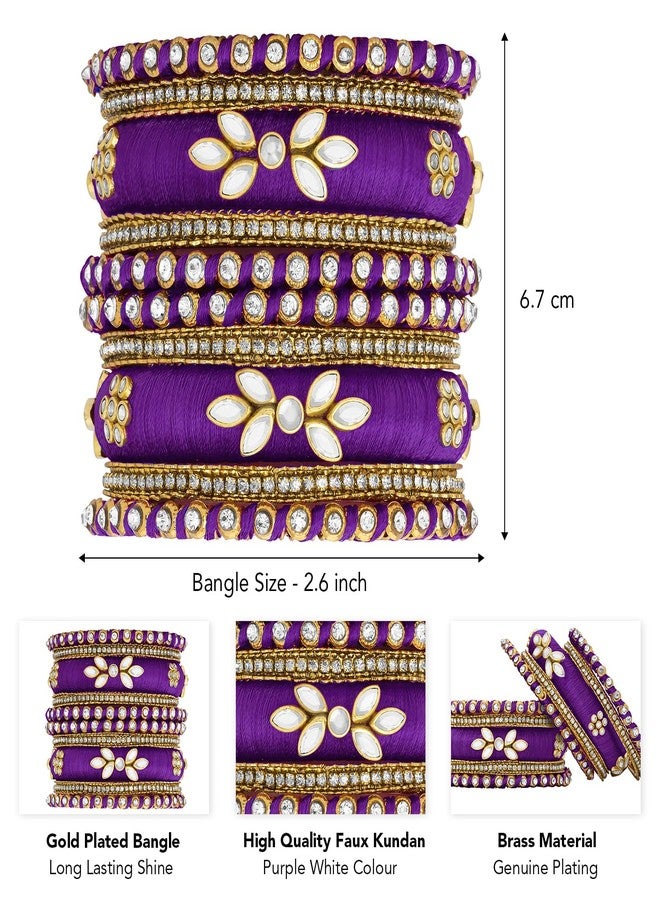 Peora Gold Plated Faux Kundan Studded Purple Silk Thread Ethnic Bangles Jewellery for Women | Size - 2.6 inch - Image 4