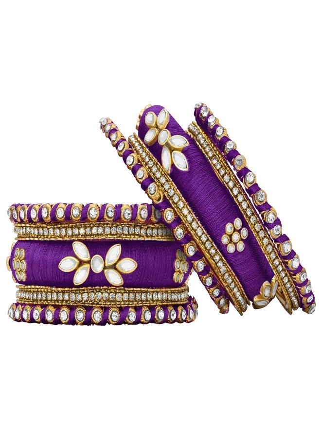 Peora Gold Plated Faux Kundan Studded Purple Silk Thread Ethnic Bangles Jewellery for Women | Size - 2.6 inch - Image 5
