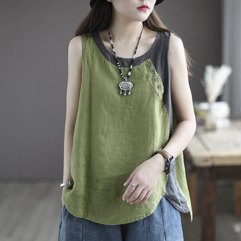 Vintage Artistic Contrast Color Stitching Vest Womens Summer Thin Commuter Strap Button Decorative Loose Slim-fit Top Cement Ash  - Image 2