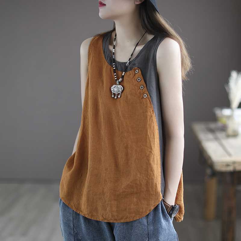 Vintage Artistic Contrast Color Stitching Vest Womens Summer Thin Commuter Strap Button Decorative Loose Slim-fit Top Cement Ash  - Image 3