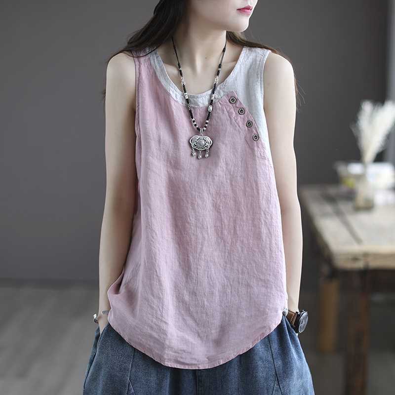 Vintage Artistic Contrast Color Stitching Vest Womens Summer Thin Commuter Strap Button Decorative Loose Slim-fit Top Cement Ash  - Image 4