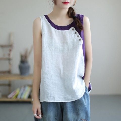 Vintage Artistic Contrast Color Stitching Vest Womens Summer Thin Commuter Strap Button Decorative Loose Slim-fit Top Cement Ash  - Image 5