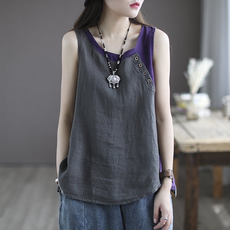 Vintage Artistic Contrast Color Stitching Vest Womens Summer Thin Commuter Strap Button Decorative Loose Slim-fit Top Cement Ash  - Image 1