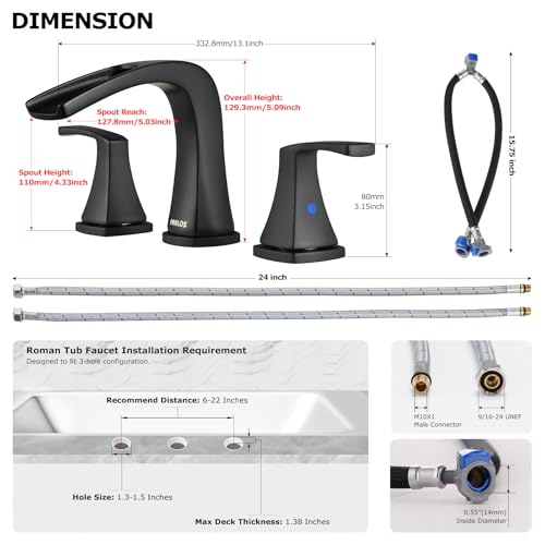 PARLOS 2-Handle Widespread Waterfall Roman Bathtub Faucet Tub Filler with Valve, Matte Black, 1434204 - Image 2