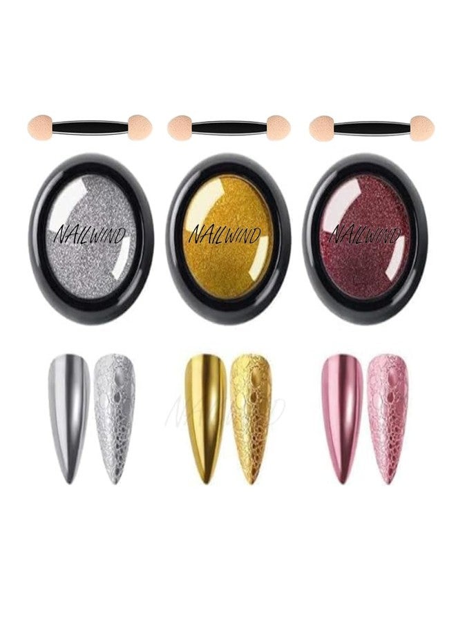 NAILWIND Chrome Nail Powder Set – 3 Colors Metallic Glitter Pigment, Mirror Effect Holographic Powder for Nail Art, Silver & Rose Gold Chrome Dust for UV Gel, Manicure Decoration Pigment - Image 1