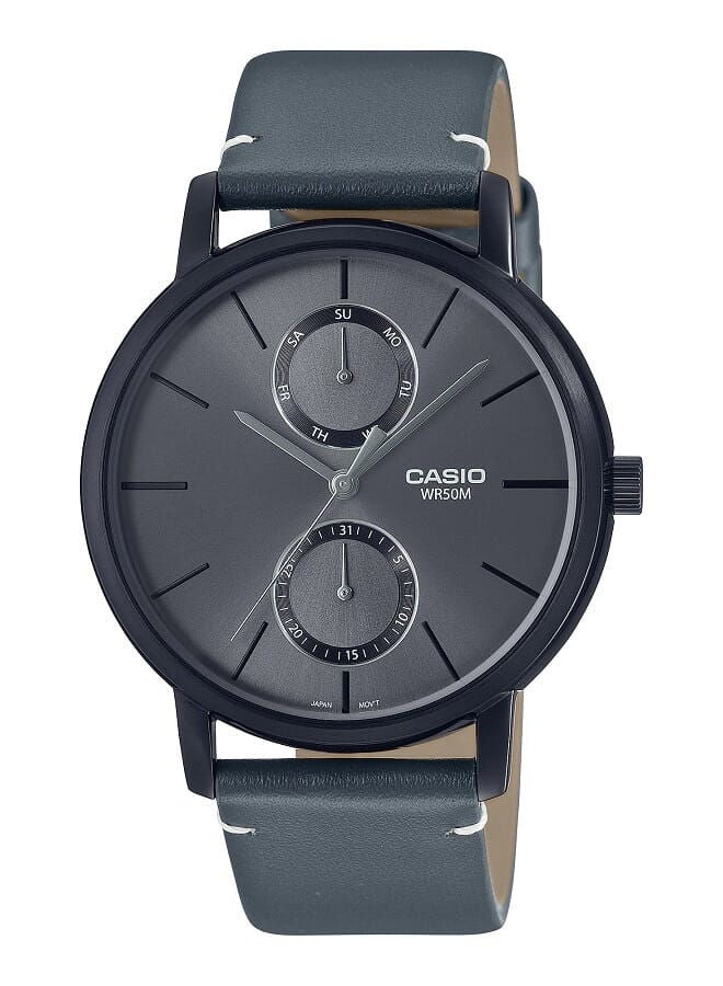 CASIO Men Watch Analog Multi Hand Grey Dial Leather Band Black Ion Plated Case MTP-B310BL-1AVDF - Image 1