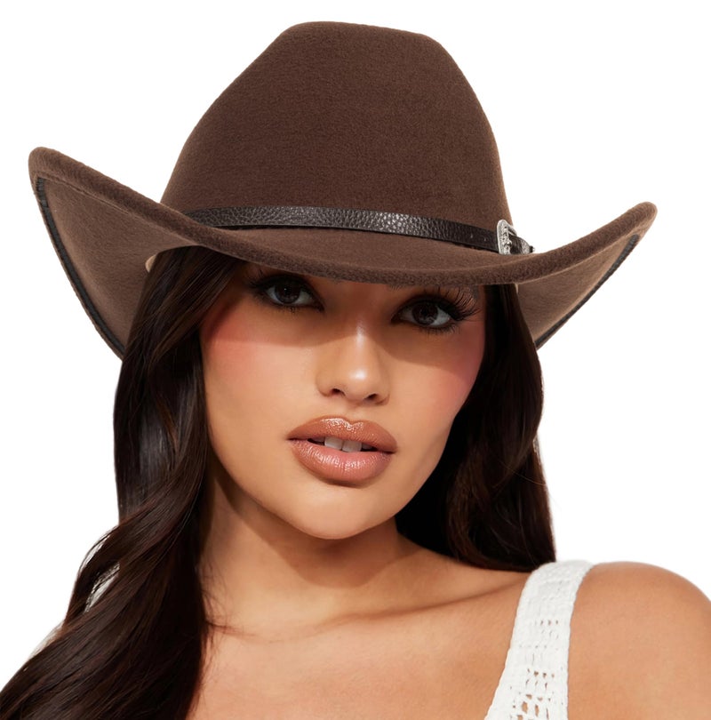 FGSS Womens Western-Cowboy-Hats Classic Felt-Hats - Rodeo Wide-Brim-Cowgirl Jazz-Hat with Buckle Belt(Lagre) Coffee - Image 1