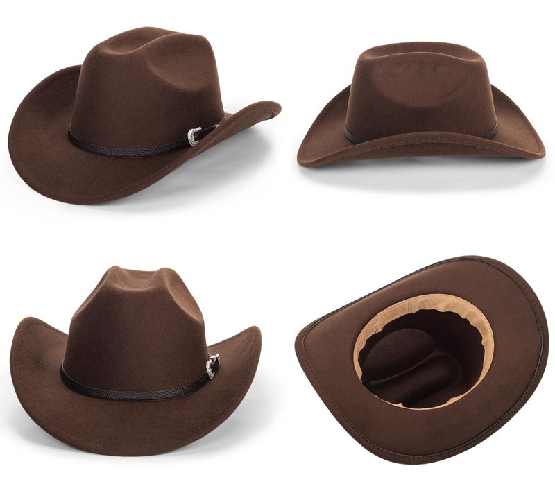 FGSS Womens Western-Cowboy-Hats Classic Felt-Hats - Rodeo Wide-Brim-Cowgirl Jazz-Hat with Buckle Belt(Lagre) Coffee - Image 3