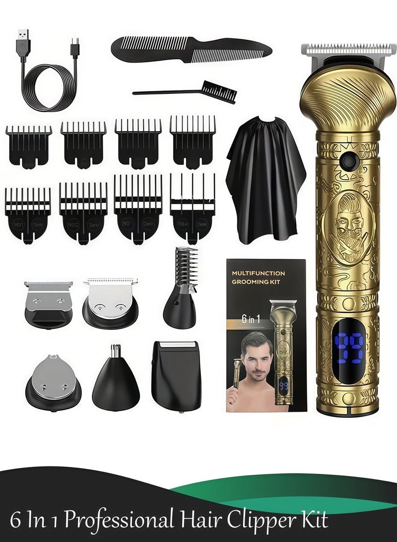 مجموعة ماكينات حلاقة الشعر 6 في 1 للرجال، ماكينة حلاقة كهربائية لاسلكية للتشذيب والحلاقة والتصفيف - Image 1