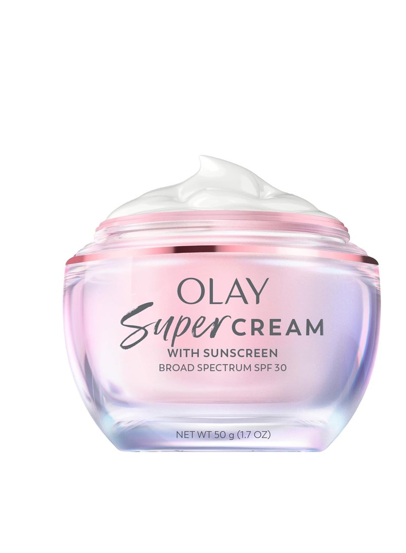 Olay Super Cream with Sunscreen SPF 30, 1.7 oz, Ultra Lightweight Face Moisturizer - Vitamin C & E, Hyaluronic Acid, Niacinamide, Collagen Peptide - Hydrate, Smooth, Brighten, Firm, and Protect - Image 1