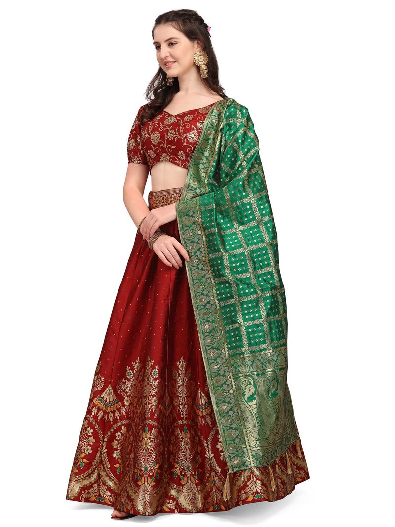PURVAJA Women's Jacquard Semi-Stitched Lehenga choli (Arambh-Maroon_Maroon_Free Size) - Image 3