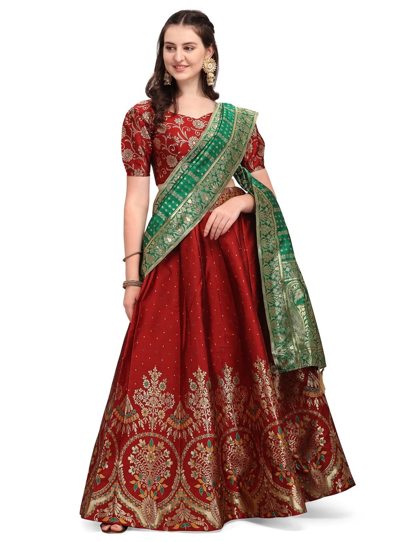 PURVAJA Women's Jacquard Semi-Stitched Lehenga choli (Arambh-Maroon_Maroon_Free Size) - Image 1