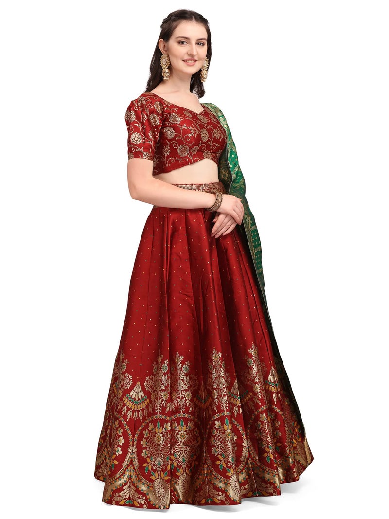 PURVAJA Women's Jacquard Semi-Stitched Lehenga choli (Arambh-Maroon_Maroon_Free Size) - Image 4