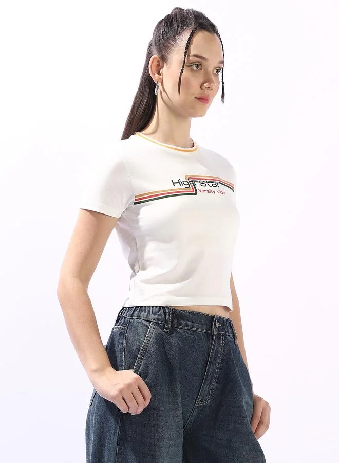 HIGH STAR Women's Off White 100% Cotton Printed Slim Fit T-Shirt