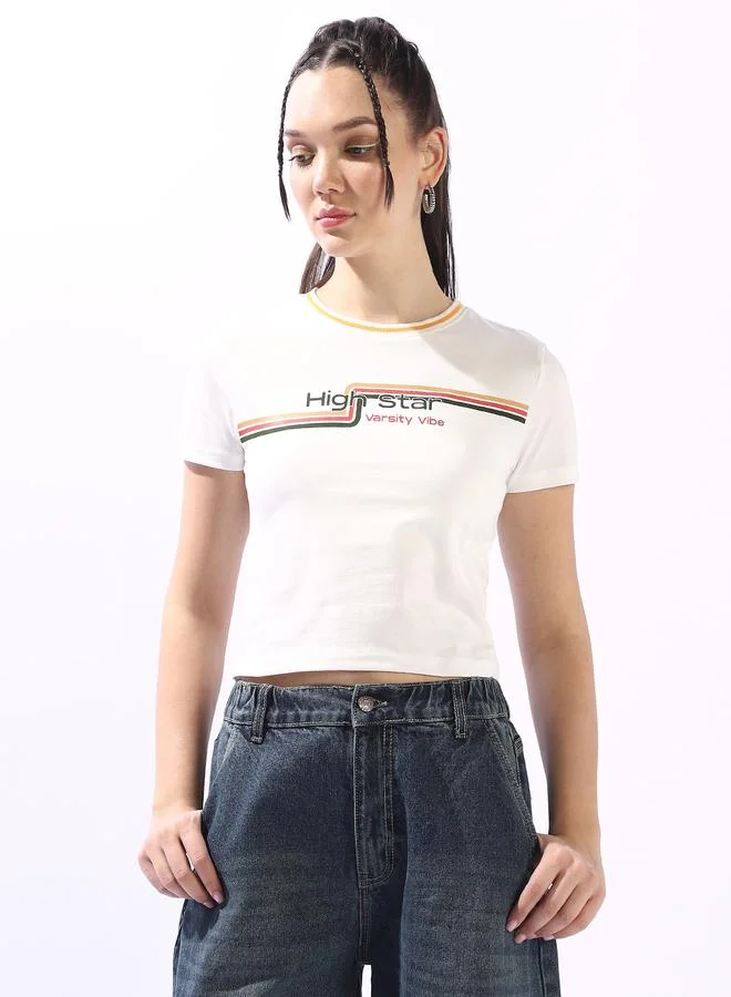HIGH STAR Women's Off White 100% Cotton Printed Slim Fit T-Shirt