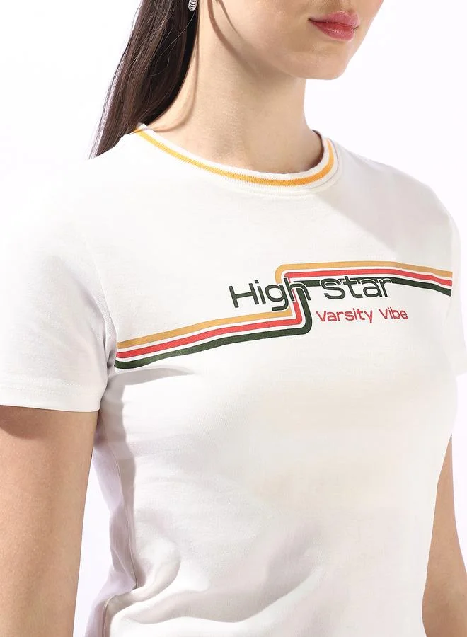 HIGH STAR Women's Off White 100% Cotton Printed Slim Fit T-Shirt