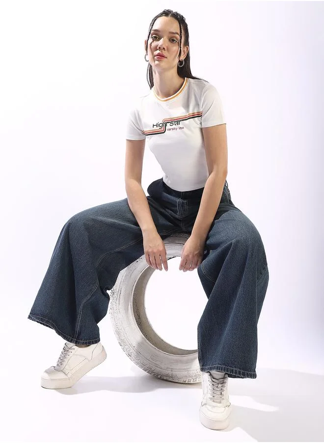 HIGH STAR Women's Off White 100% Cotton Printed Slim Fit T-Shirt
