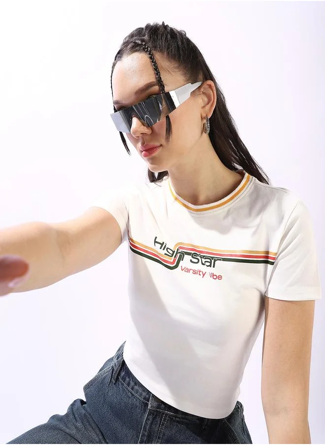 HIGH STAR Women's Off White 100% Cotton Printed Slim Fit T-Shirt