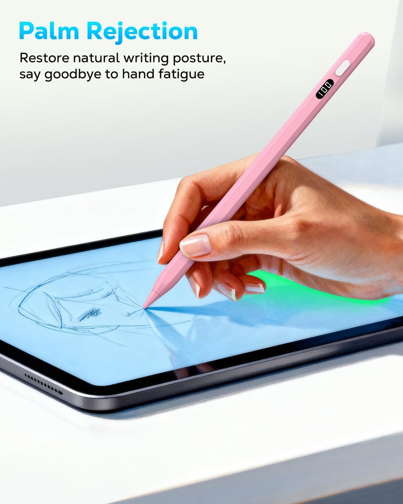 MoKo Stylus Pen for iPad 2018-2025, USB-C Fast Charging Pencil with LED Power Display Tilt Sensitivity for Apple iPad A16/11/10/9/8/7/6, Air 7/6/5/4/3/M3/M2, Pro 13"/12.9"/11"/M4, Mini 7/6/5, Pink - Image 4