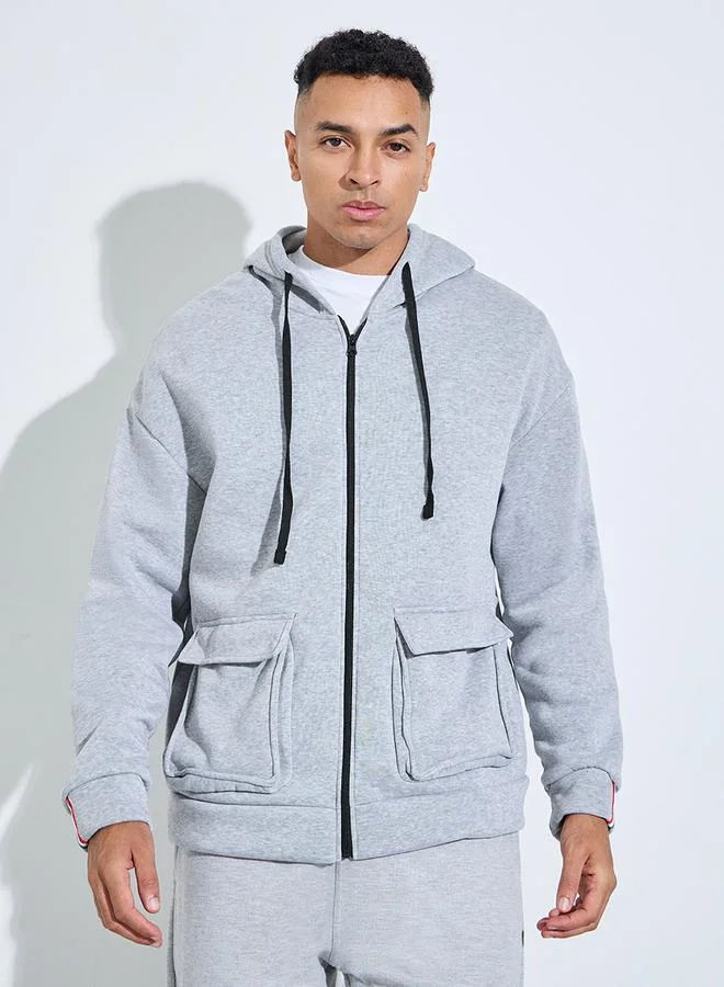 Styli  Grey Baggy Pocket Hooded Zip-Up Sweat Jacket for Men | Best Price UAE