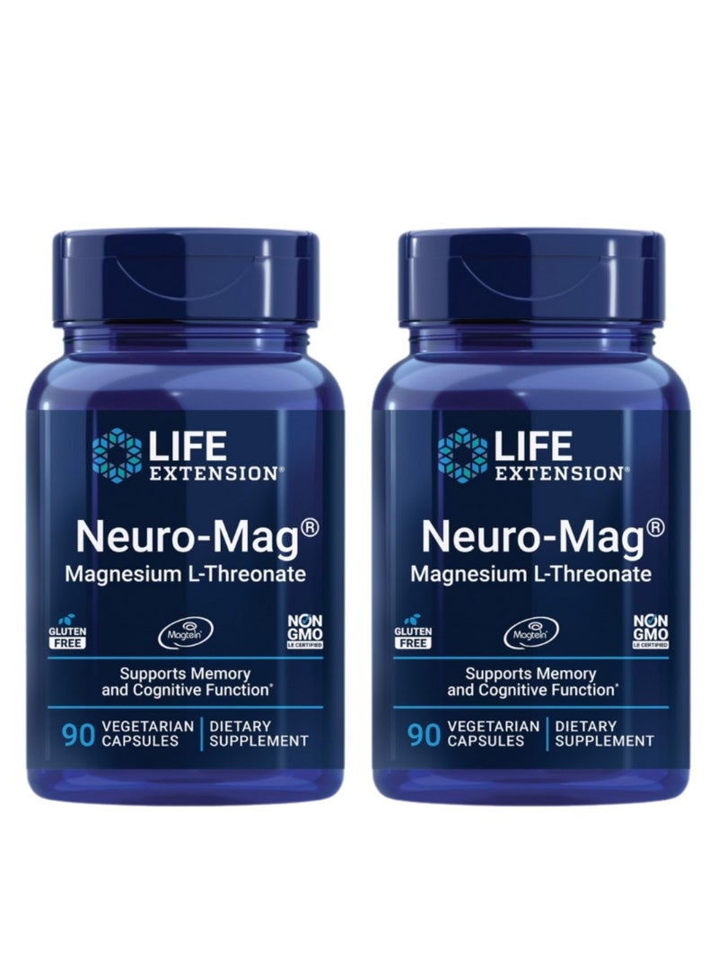 Life Extension Neuro-Mag Magnesium L-Threonate, Memory Health, Quick Thinking, Cognitive Health Support, Vegetarian, Non-GMO, 90 Vegetarian Capsules - 2 Bottles - Image 1