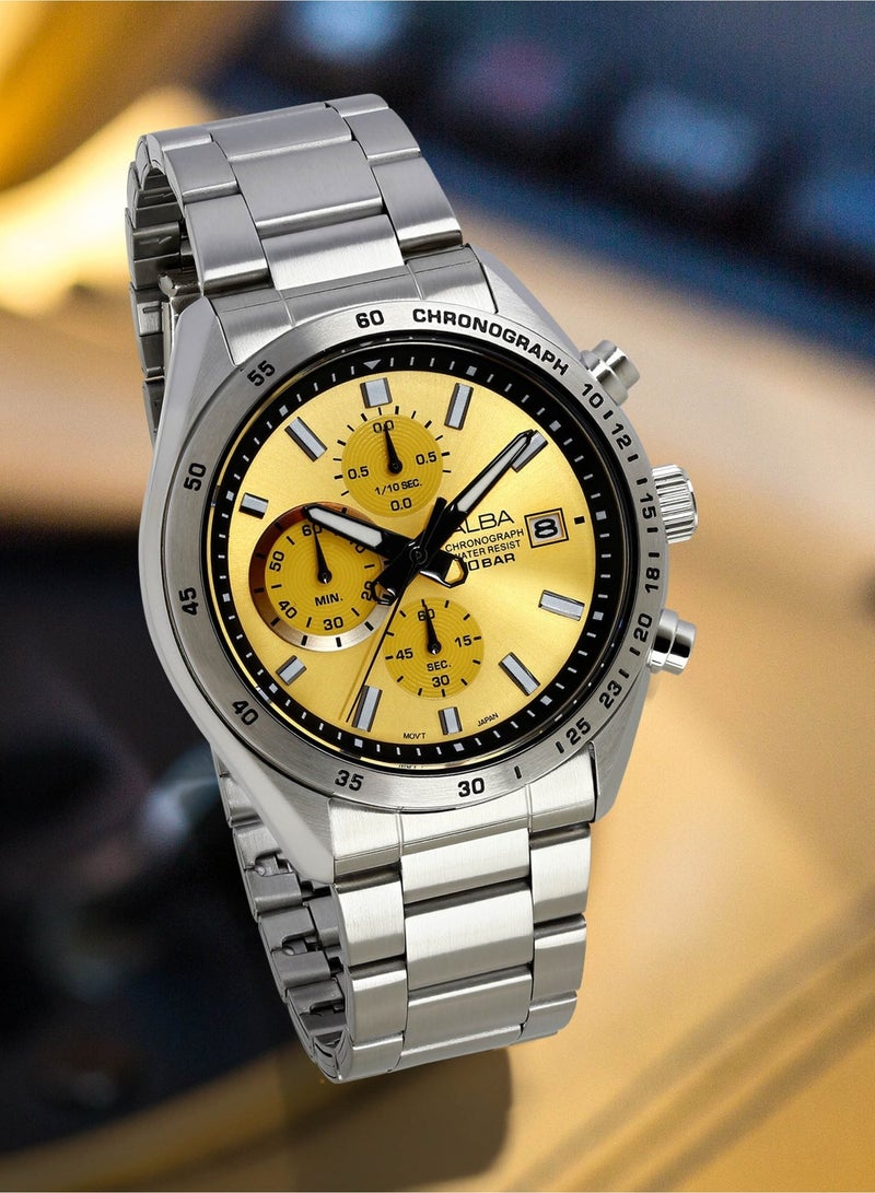 Alba Active Chronograph Men’s Watch AM3A59X1, 43 mm Gold Dial, Stainless Steel Case & Bracelet, 100 m WR - Image 1