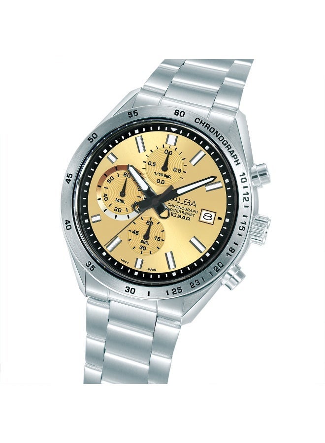Alba Active Chronograph Men’s Watch AM3A59X1, 43 mm Gold Dial, Stainless Steel Case & Bracelet, 100 m WR - Image 4