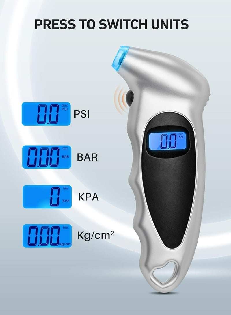 Digital Tire Pressure Gauge 150 PSI 4 Settings for Car Truck Bicycle with Backlight LCD and Non-Skid Grip Car Accessories, Silver - Image 3