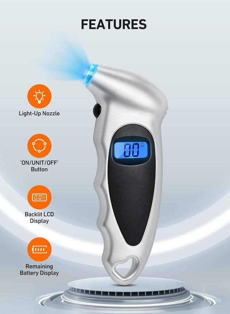 Digital Tire Pressure Gauge 150 PSI 4 Settings for Car Truck Bicycle with Backlight LCD and Non-Skid Grip Car Accessories, Silver - Image 2