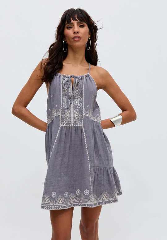 رافاي Jen Tiered All Over Embroidered Mini Dress In Grey