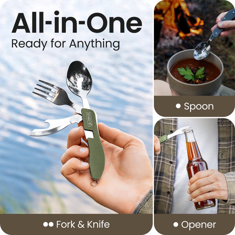 Orblue 4-in-1 Camping Eating Utensils, 2-Pack - Portable Spoon, Fork, Knife & Bottle Opener Combo Set - Stainless Steel Flatware with Detachable Fork - Backpacking Cutlery Multitool, Olive Green - Image 2
