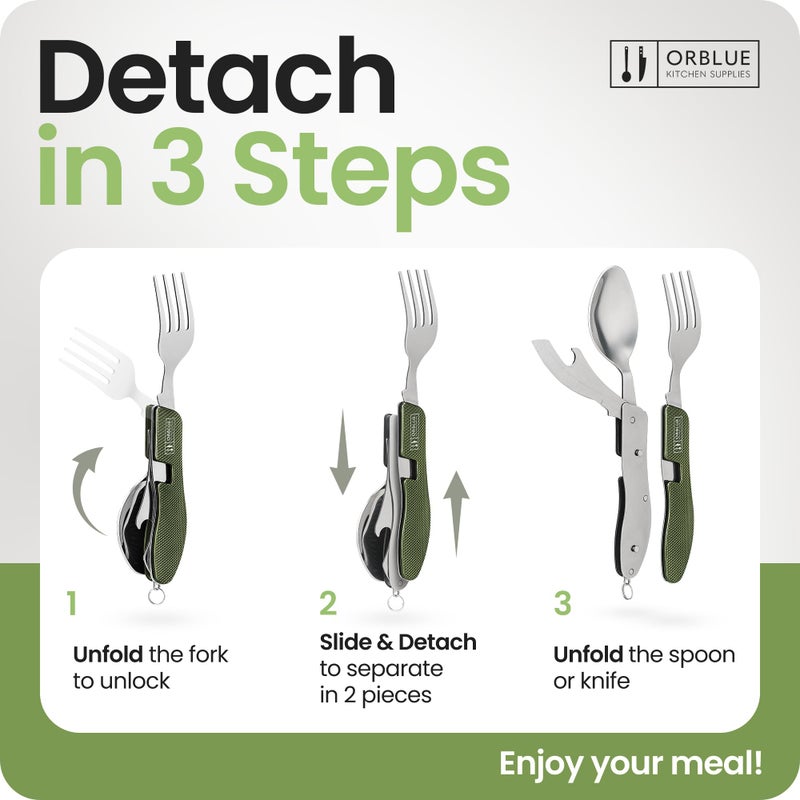 Orblue 4-in-1 Camping Eating Utensils, 2-Pack - Portable Spoon, Fork, Knife & Bottle Opener Combo Set - Stainless Steel Flatware with Detachable Fork - Backpacking Cutlery Multitool, Olive Green - Image 3