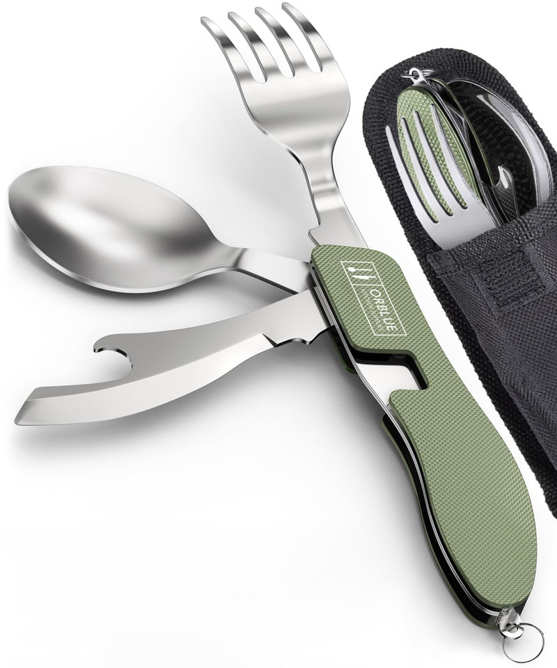 Orblue 4-in-1 Camping Eating Utensils, 2-Pack - Portable Spoon, Fork, Knife & Bottle Opener Combo Set - Stainless Steel Flatware with Detachable Fork - Backpacking Cutlery Multitool, Olive Green - Image 1