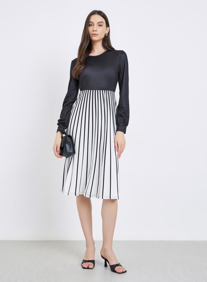 تايك تو فستان ميدي مخطط بأكمام طويلة بلونين متباينين - Image 1