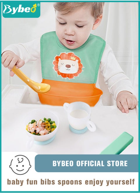 2 Baby Silicone Bibs With 2 Silicone Spoons and Storage Boxes, Infant Feeding Bib, Skin-friendly Drool Bibs with Pockets for Boys and Girls, Waterproof Adjustable Design