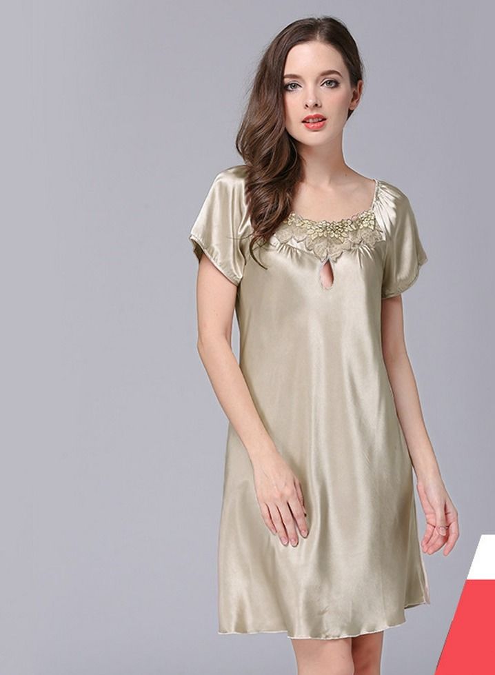 إسكدنيا Women's Solid Color Jacquard Hollow Out Nightgown Short Sleeve Nightdress Soft Lingerie Sleepwear Camel 
