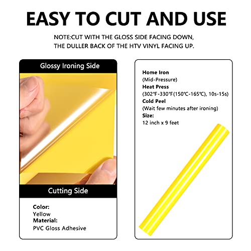 FUNKAKA Yellow HTV Heat Transfer Vinyl Rolls, 12" x 9ft Glossy Yellow Iron on Vinyl for T-Shirt, Adhesive Yellow HTV Vinyl for All Cutter Machines Easy to Cut & Weed for Heat Vinyl Design - Image 2