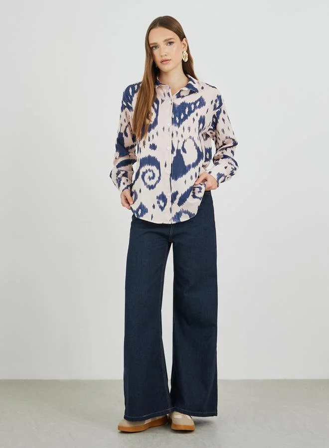 Take Two Take Two Printed Spread Collar Oversized Shirt