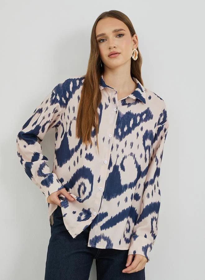 Take Two Take Two Printed Spread Collar Oversized Shirt
