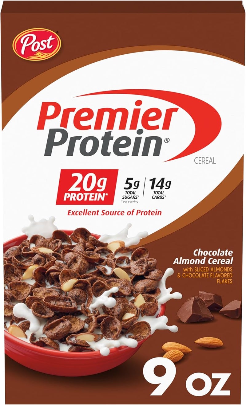 Premier Protein Chocolate Almond Cereal - High Protein Chocolatey Cereal with Sliced Almonds, 20g Protein per Serving, 9 OZ Box - Image 1