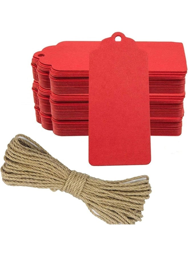 Premify 100 قطعة من بطاقات هدايا ورق كرافت مع خيط جوت طبيعي بطول 10 متر | تغليف هدايا عيد الميلاد والزفاف مع هذه الملصقات المستطيلة المعلقة، مفيدة في تغليف الهدايا (بطاقات حمراء)