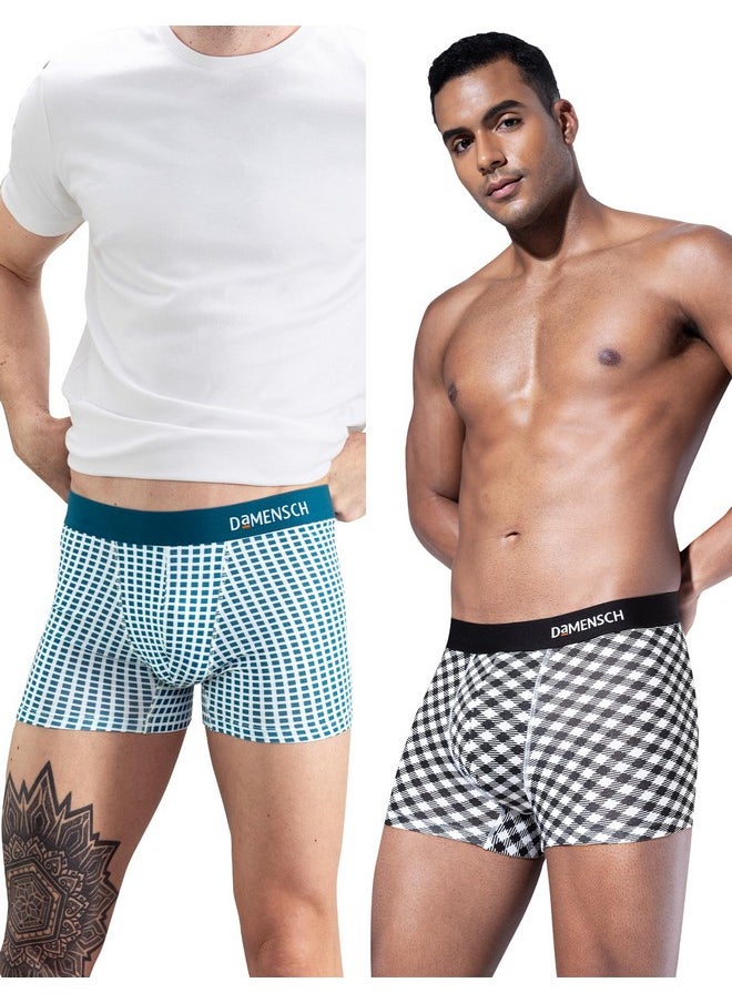 DaMENSCH - DAMENSCH Men's Modal Trunks (Pack of 2) (DAM-PRIN-T-ABC-BCM-PACK-2-MIX-XL_Aqua Blue Check, Black Check & Mate_XL) - Image 1