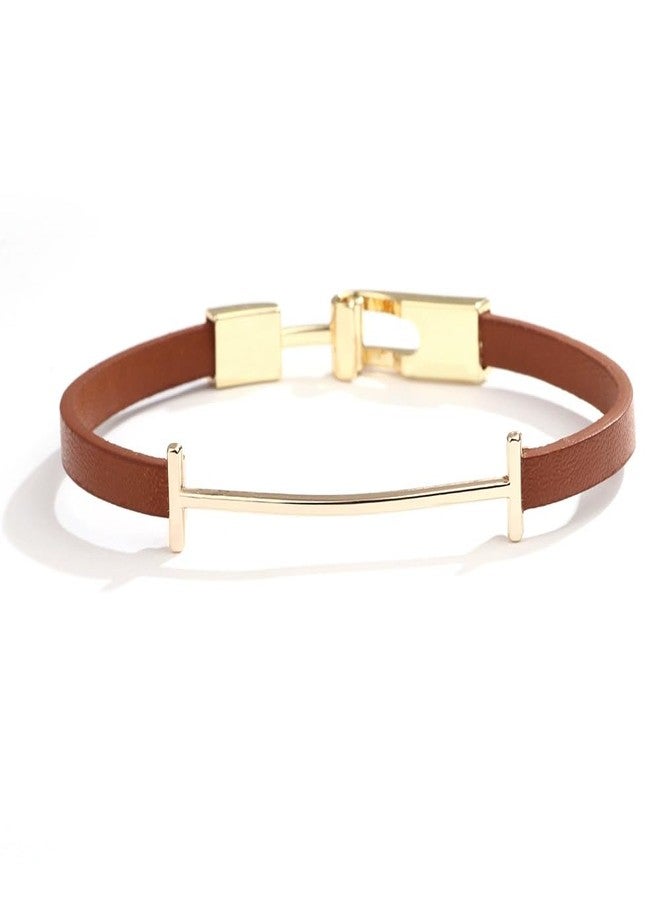 BlingNook Leather Bracelets For Women Trendy, Man Gold Bangles Bracelet Initial I Cute Stackable Hand Chain Rubber Bands Elegatto Mother Jewelry Gift (Grain Brown) - Image 4